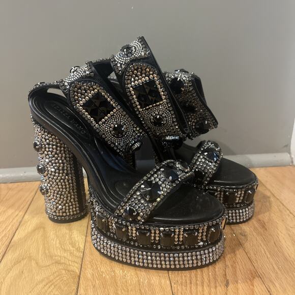 Azalea Wang Silver Bayou Black Embellished Platform Ankle Strap Sandals Size 6 - Picture 1 of 8